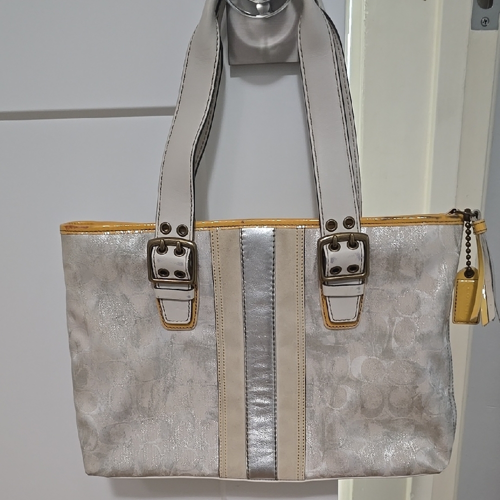 Coach Silver and Cream Structured Tote Bag